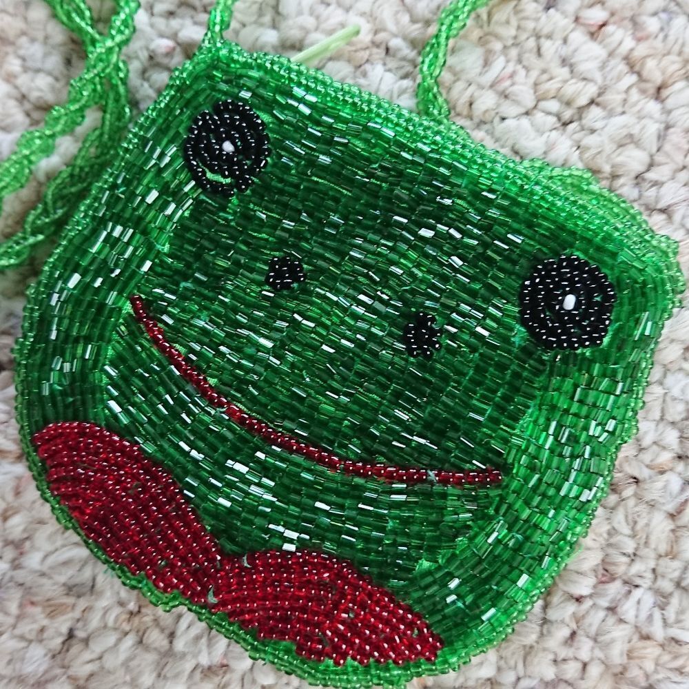 Green Beaded Frog Silk Lined crossbody mini bag
